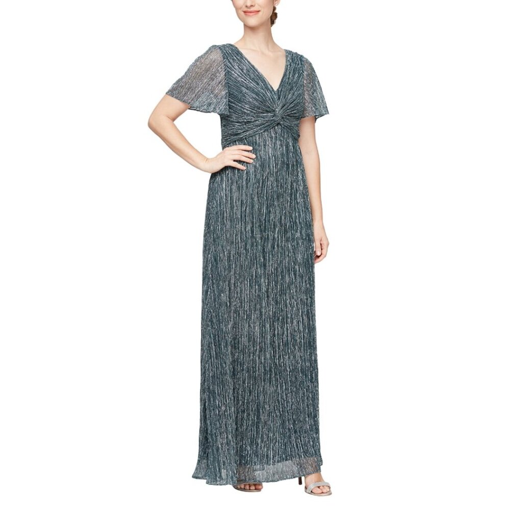 NWT Alex Evening Long Seafoam & Teal Shimmer Dress With Sleeves